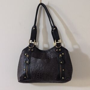 Dark Brown Croc-Embossed Genuine Leather Shoulder Bag